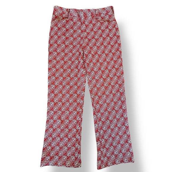 Vintage Red Geometric Aztec Inspired Print Flare Pant  Stretch Poly Retro W32" - Picture 2 of 9